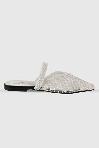 Modezya Naomi White Knitted Pointed Toe Belt Detail Women's Slippers