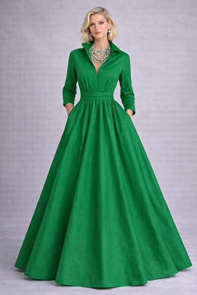 SERAVENZA COUTURE Maxi Boy Seyyar Kuşaklı Uzun Kollu Şık Gömlek Elbise COU-80