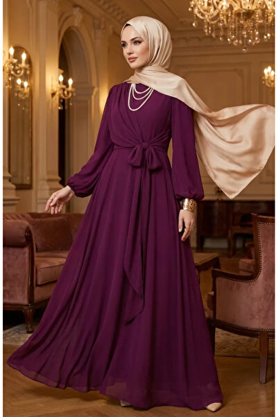 sefamerve Belden Bağlamalı Tesettür Abiye Elbise 5702-05 Mürdüm