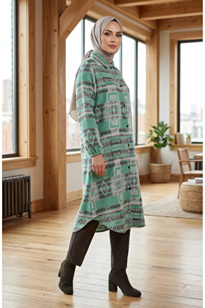 sefamerve Ethnic Patterned Buttoned Lumberjack Winter Tunic 2504-04 Green Brown