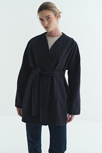 Merve Gültekin Lined Cashmere Kimono Herringbone Navy Blue