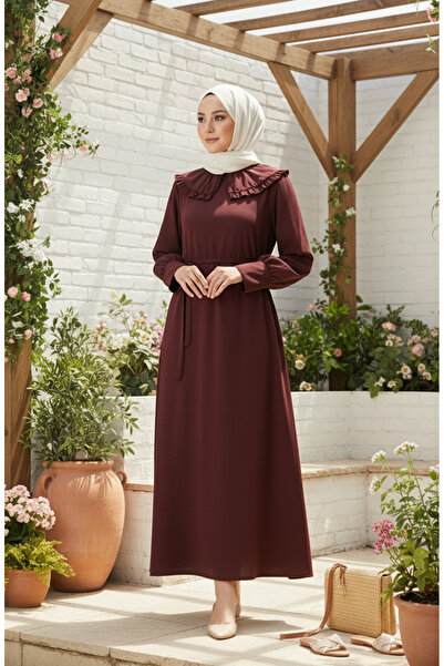 sefamerve Ruffle Collar Lace-Up Hijab Dress 2208-06 Brown