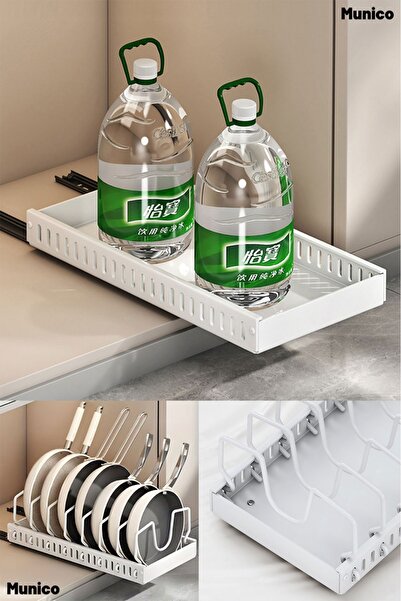 Munico Ayarlanabilir Teleskopik Raylı Beyaz Renk Tava Tencere Organizeri Pasl...