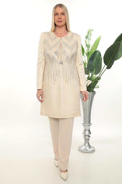 MİSS DİAMOND Stone Embellished Detailed Beige Three-Piece Trouser Suit