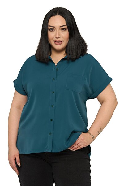 DISENTIS MODEST Plus Size Single Pocket Short Double Sleeve Petrol Green Shirt