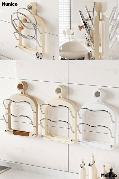 Munico Güçlü Vantuzlu Mutfak Organizer Raf Tava ve Tencere Kapak Tutucu İki Y...