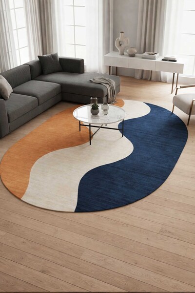 Qatalina Premium Dalga Desenli Modern Halı Turuncu Lacivert Kaymaz Taban Yıka...