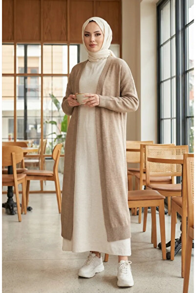 sefamerve Textured Knitted Fabric Winter Dress 2511-08 Cream