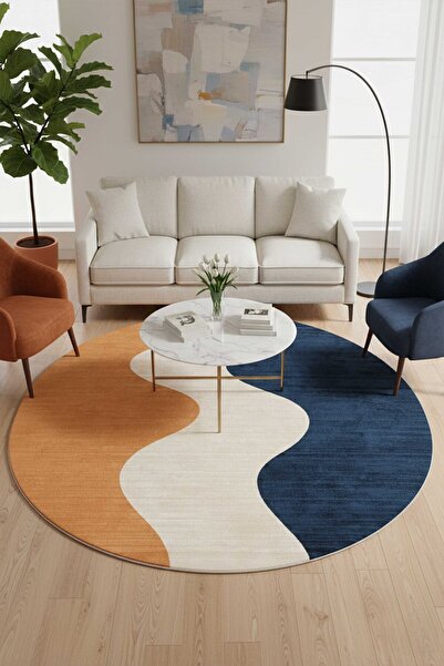 Qatalina Premium Dalga Desenli Modern Halı Turuncu Lacivert Kaymaz Taban Yıka...