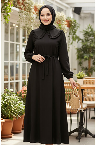 sefamerve Ruffle Collar Lace-Up Hijab Dress 2208-05 Black