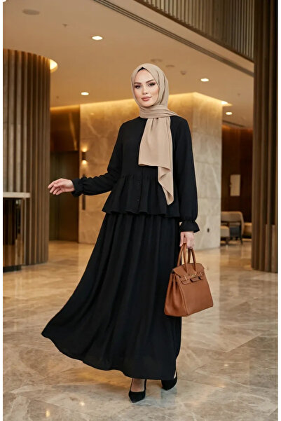 sefamerve طقم حجاب مزدوج من قماش إيروبين مزين بكشكشة 4145-05 أسود