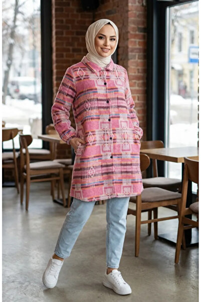 sefamerve Ethnic Patterned Buttoned Lumberjack Winter Tunic 2504-05 Pink Indigo