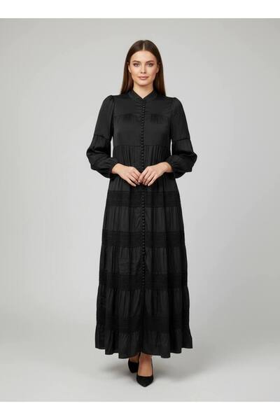 Rabiossa Kadın Dantel Şerit Detaylı Hakim Yaka Maxi elbise