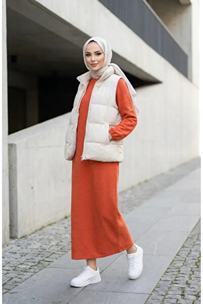 sefamerve Textured Knitted Fabric Winter Dress 2511-07 Orange