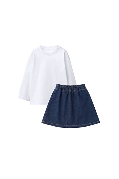 WOWMOMKIDS Girls' Denim Skirt and Oversized T-Shirt Set - 2-Piece Casual Set