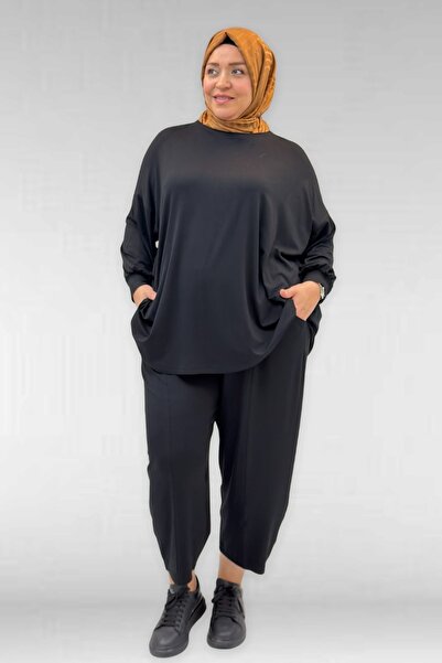 Eslina 67037 Plus Size Low Sleeve Combed Cotton Trouser Suit - Black