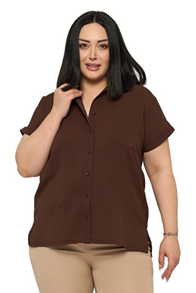DISENTIS MODEST Large Size Single Pocket Short Double Sleeve Brown Shirt
