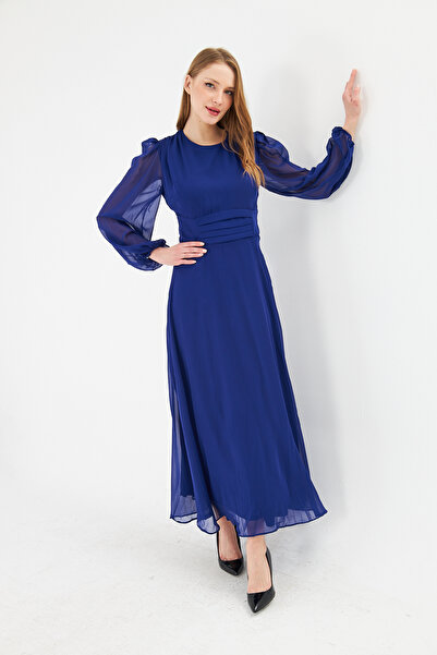 Rora Balloon Sleeve Pleated Chiffon Maxi Dress – Elegant Design with Lining