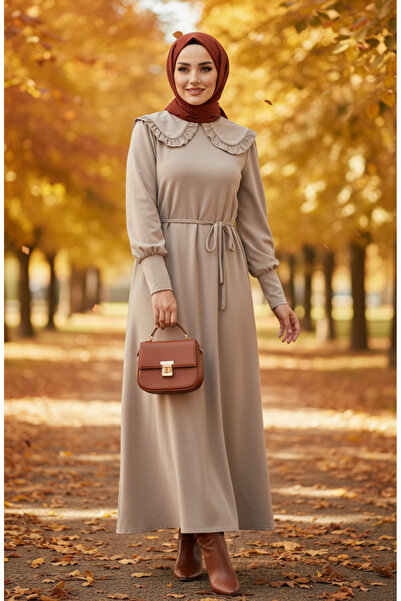 sefamerve Ruffle Collar Lace-Up Hijab Dress 2208-03 Mink