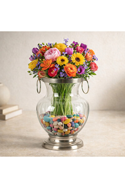 esdekor Metal Edged Glass Vase with Stand and Handle 1 Piece 28X18 cm Elegant...