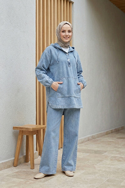 Kirazgym Kangaroo Pocket Hooded Jeans Set with Snap Fasteners on the Front