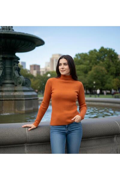 THEBEK Women's Half High Neck Long Sleeve Knitted Body Blouse Orange