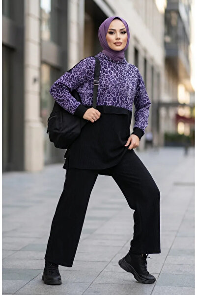 sefamerve Leopard Patterned Hooded Two-Piece Set 2224-02 Purple