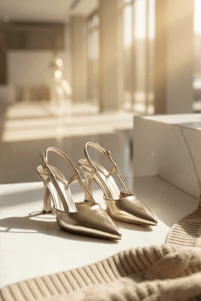 DURUNUN BUTİĞİ Sarim Gold Crinkled Patent Leather Open-Sided (9 cm Heel) Poin...