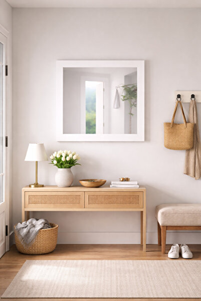 TR 50 + 38 Cm Ceviz Ahşap Kare Ayna - Antre Hol Banyo Mutfak Salon Wc Aynası ...