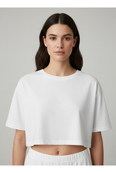 NEW JOURNAL Women's White Crew Neck Crop Basic T-Shirt Nj79