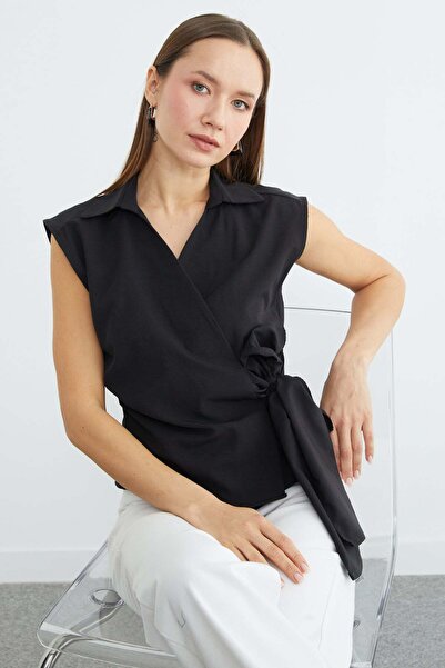 Fulla Moda Side Tie Draped Double-Breasted Collared Shirt