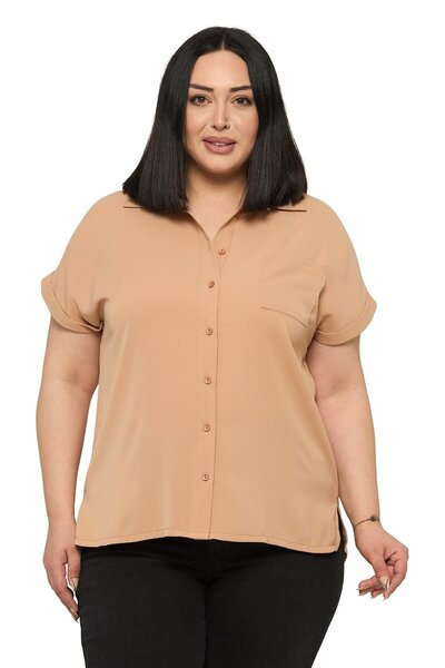 DISENTIS MODEST Plus Size Single Pocket Short Double Sleeve Mink Shirt