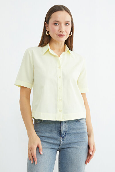 Fulla Moda Basic Crop Shirt with Cuffed Sleeves and Waist