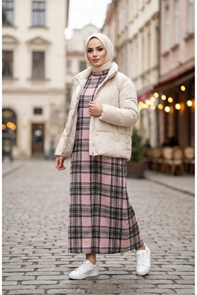 sefamerve Plaid Patterned Lumberjack Winter Dress 2508-03 Powder