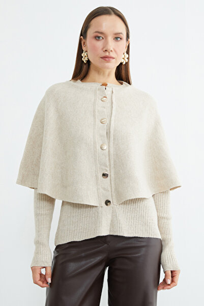 Fulla Moda Buttoned Crew Neck Knit Cardigan with Cape