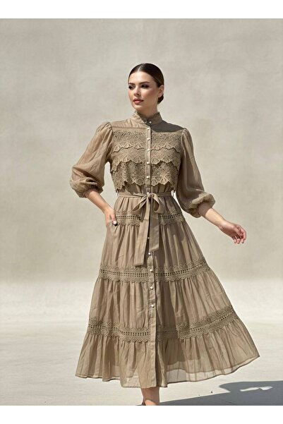 Rabiossa Kadın Fransız Dantel Detaylı Hakim Yaka Vizon Midi Elbise