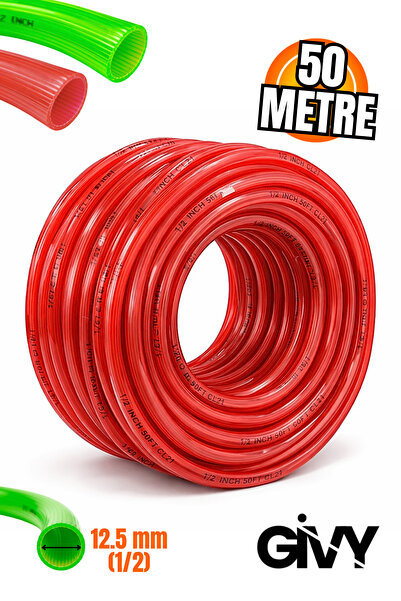 GİVY Silikonlu Hortum PVC 1/2″ Çizgili Hortum 50 Metre | Esnek Bahçe ve Sulam...
