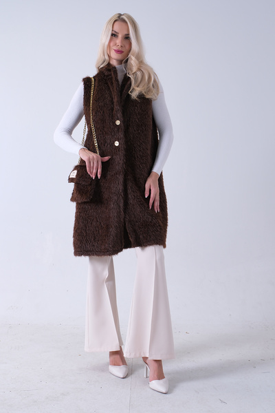 Feminist Çanta Aksesuarlı Tek Düğmeli Yün Yelek Kahve 31070199