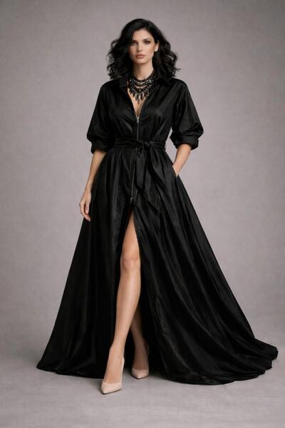 SERAVENZA COUTURE Maxi Boy Seyyar Kuşaklı Önü Fermuar Detaylı Şık Tafta Davet...