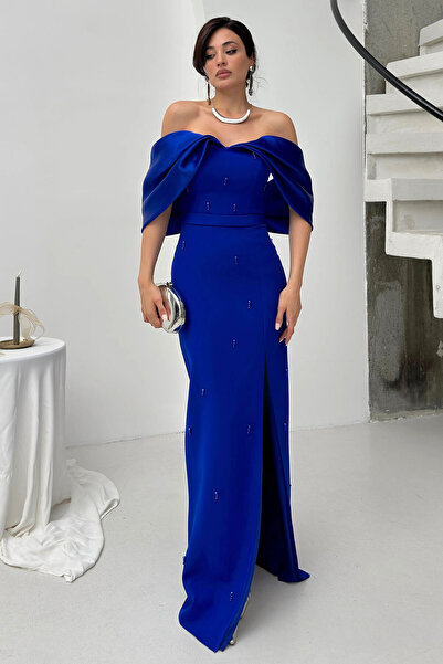 Feminist Üzeri Taş İşlemeli Yırtmaç Detaylı Düşük Omuz Abiye Saks 0801091