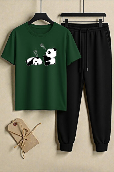 uyguntarz Unisex Sleep Panda Printed Design T-Shirt - 2-Piece Tracksuit Set