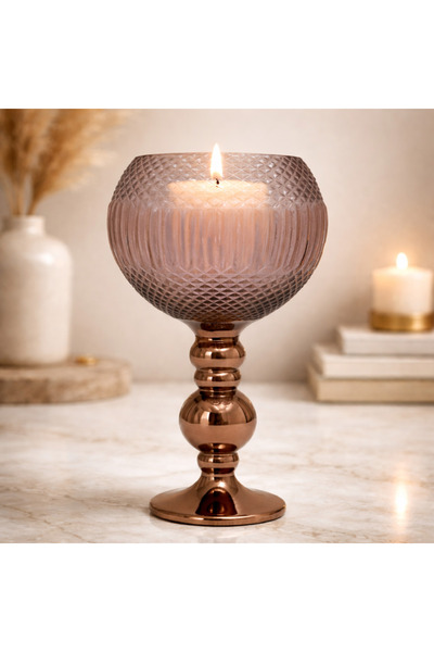 esdekor Pink Rose Glass Vase Candle Holder 36X19 cm 1 Piece Elegant Crystal P...