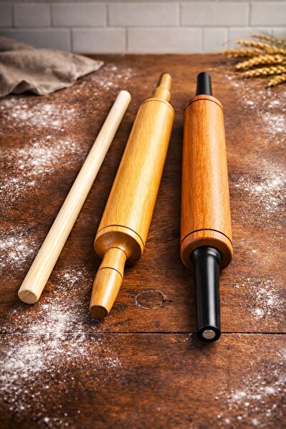 SWENCRAFT Gürgen Kayın Ağaç 3 Lü Sabit ve Dönerli Merdane Oklava Seti Doğal A...