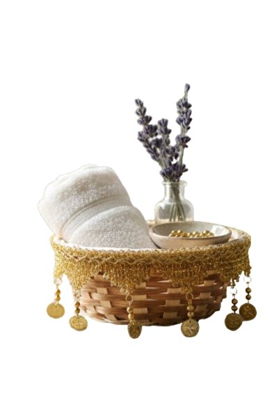 Premium Round Wicker Basket with Gold Coin Fringe Home Decor
