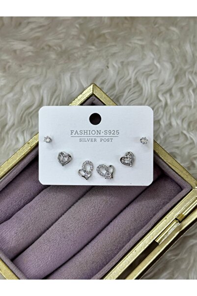 BY YASİN TOPÇU 🤍 ✨   Silver Tone Heart Figured Zircon Mini Earring Set