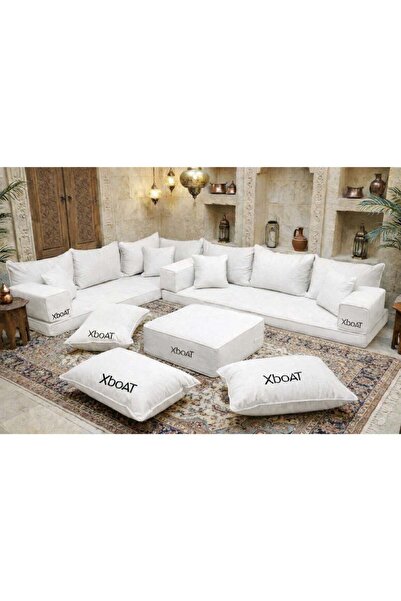 Xboat طقم كنب مجلس أرضي، أبيض اللون، مكون من عدة أقسام مع مسند قدم ووسائد أرضية