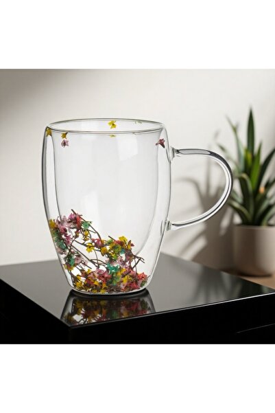 OEM Double wall glass mug with decorative flowers for tea and coffee
