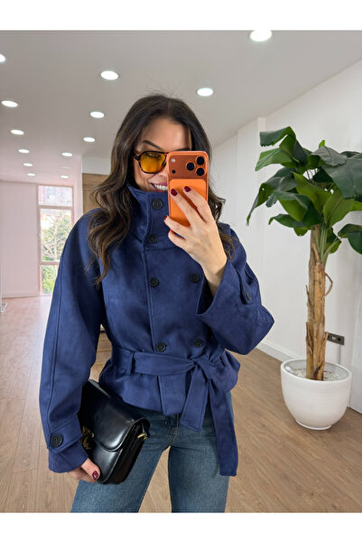 2she Dik Yaka Kuşaklı Süet Ceket - Lacivert