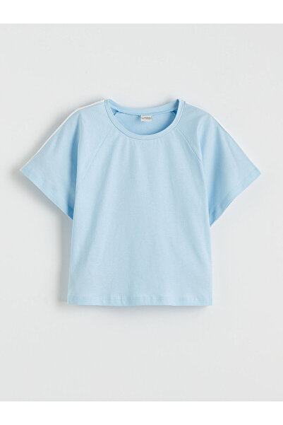 LC Waikiki Blue Crew Neck Striped Loose Fit Girls' T-Shirt