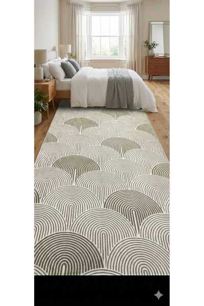 Nesrin JEL TABAN KAYMAZ MODERN KREM KAHVE YUVARLAK DESENLİ GÜZEL KESME HALI Y...